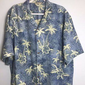 Tommy Bahama Hawaiian Shirt Blue W/ Green Flowers Palm Trees 100% Silk SZ XL
